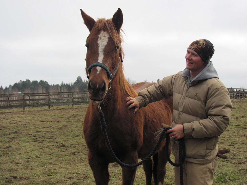Snickers is one of 89 abused and neglected horses seized from a farm in Spokane. Trainer Kent Wright is hoping to work with her to accept a rider within the next four weeks. When she first arrived in Camas, Snickers would run away from people. Five days later, she allowed Wright to pet and brush her.