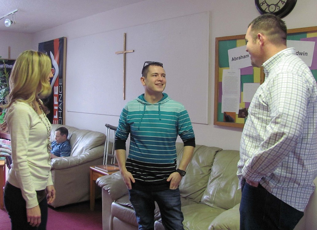 Dianne and Darin chat with Teen Challenge intern Cooper Evans at the Portland Men's Center.