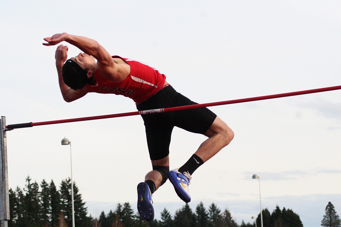 Camas high jumper Grayson Anderson clears 6 feet, 6 inches Thursday, at Cardon Field. Anderson also won the 100-meter dash in 10.89 seconds.