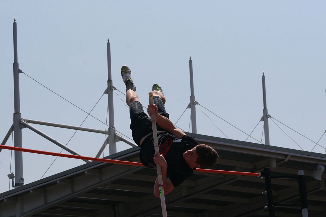 Adam Thomas launched himself 14 feet, 6 inches into the air with a pole vault Friday, to finish in third place for Washougal at the state track and field meet at Mt. Tahoma High School in Tacoma.