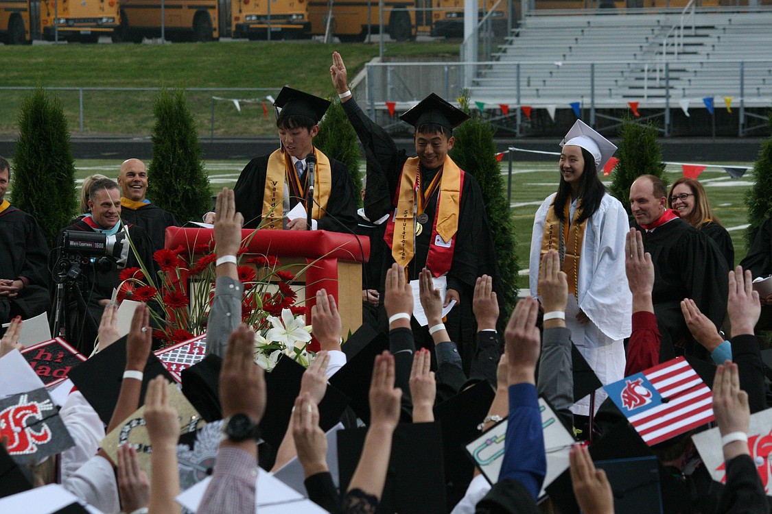 CHS valedictorian Xinyang Chen and salutatorians Timothy Liu and Yushuan Peng broke from tradition by combining their speeches, which focused on a humorous comparison between Pokemon and life. All three admitted that they are procrastinators by nature. "We put the 'pro' in procrastination," Liu joked.