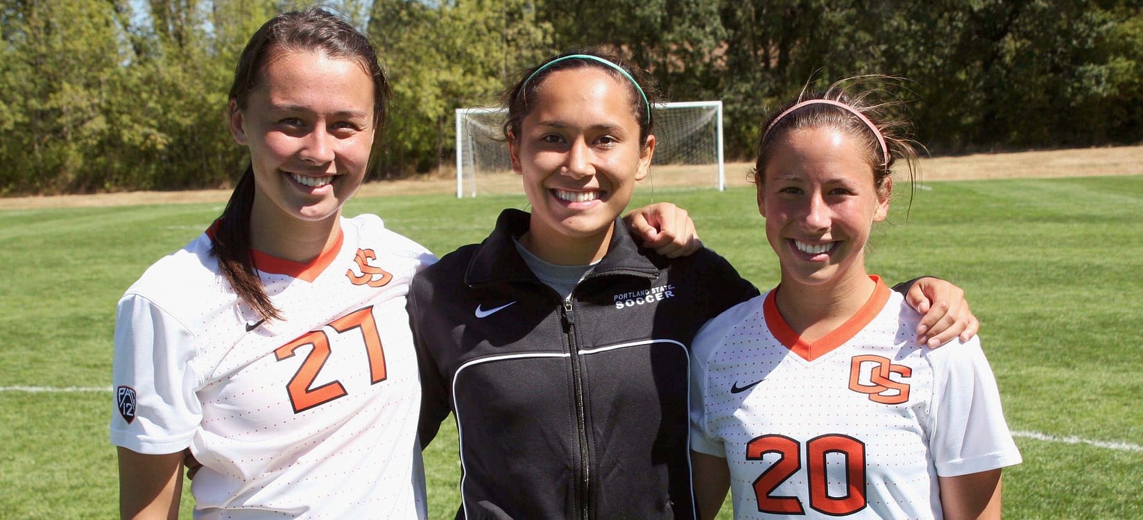Olivia Lovell, Eryn Brown and Brittney Oljar (left to right) reconnected on the soccer field Friday, at Tualatin Hills Recreation Park in Beaverton, Ore. These three Camas High School graduates helped the Papermakers finish in third place at state in 2009.