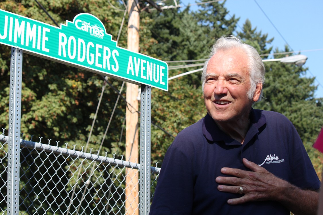 Singer, actor and television personality Jimmie Rodgers was back in his hometown of Camas on Friday, Sept. 13, 2013, to take part in the dedication of a street being named in his honor. Jimmie Rodgers Avenue is the new honorary street name for Northwest 10th Avenue in the Forest Home neighborhood, where Rodgers lived from from 1939 to 1957. (Post-Record file photo)