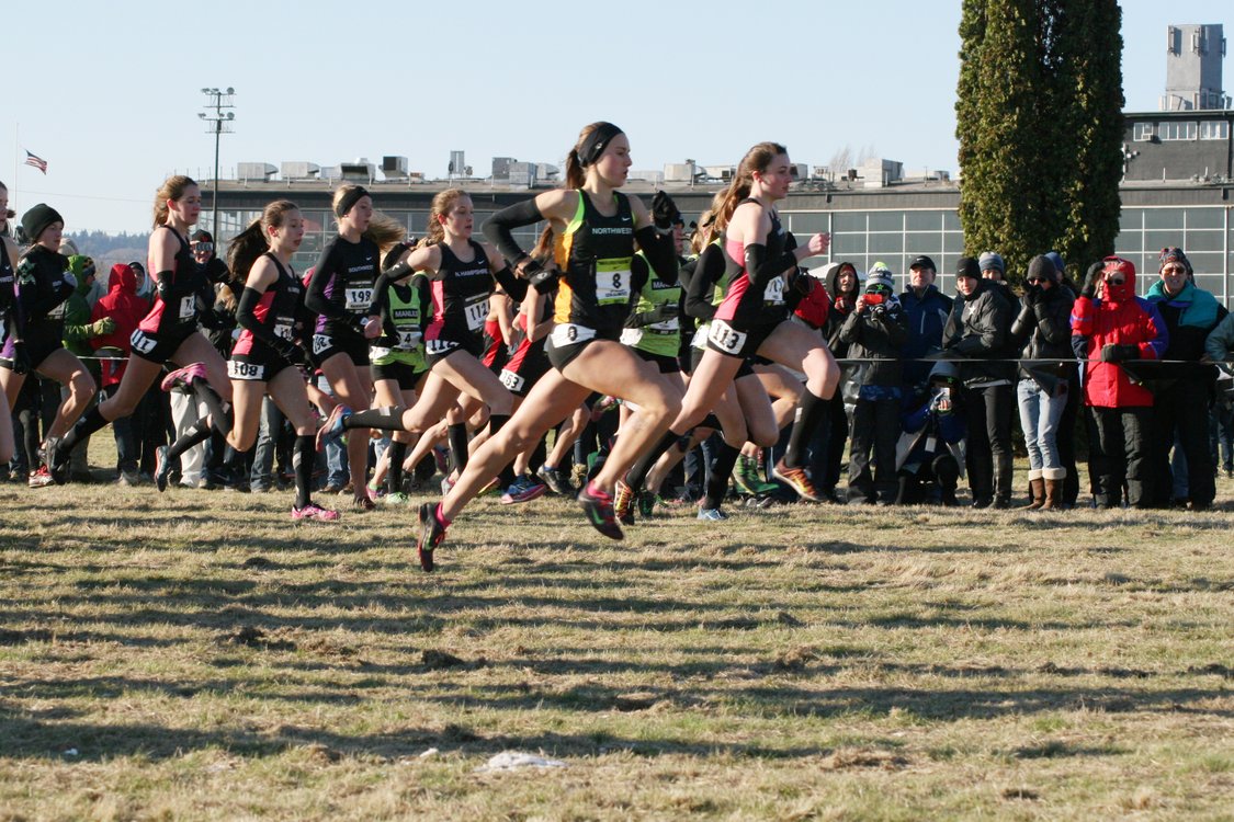 Alexa Efraimson gets off to a fast start in the Nike Cross National girls championship race Saturday, at Portland Meadows. She won with a time of 16:50.1.
