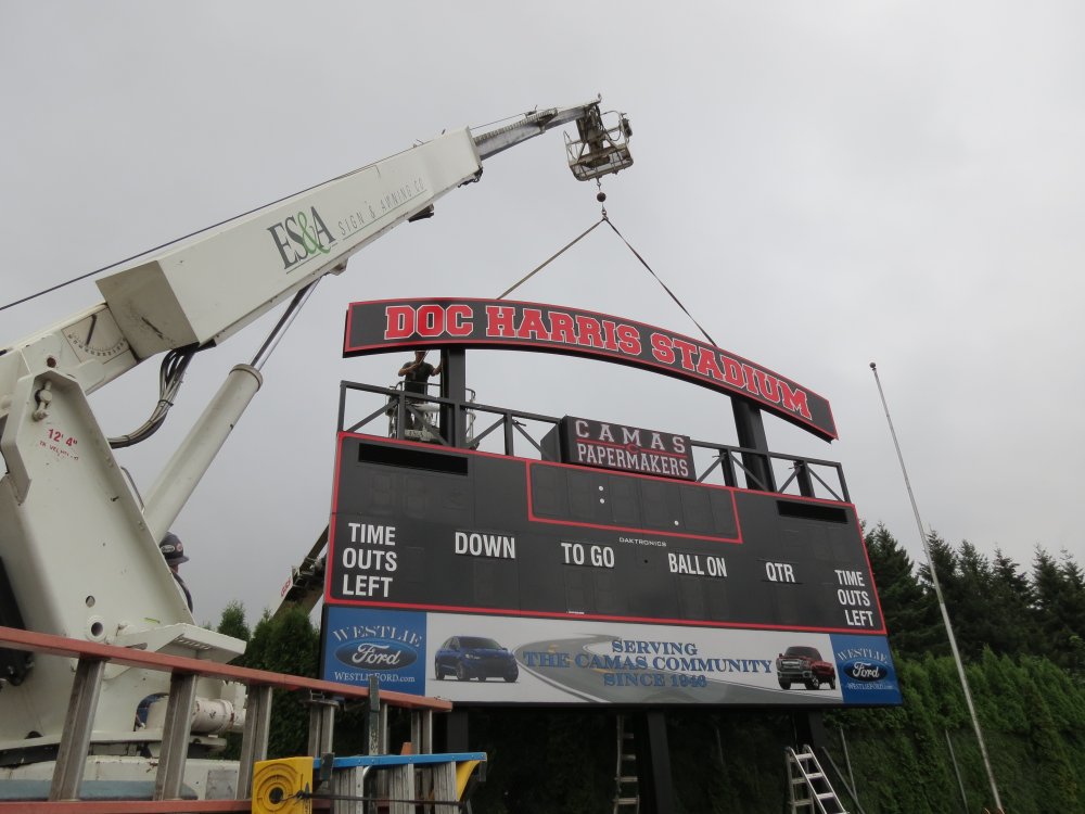 The new 32-foot long scoreboard stands 31 feet, 6 inches tall at Doc Harris Stadium. Camas football fans can see it in action for the first time when the Papermakers play Jesuit Friday, at 7:30 p.m.