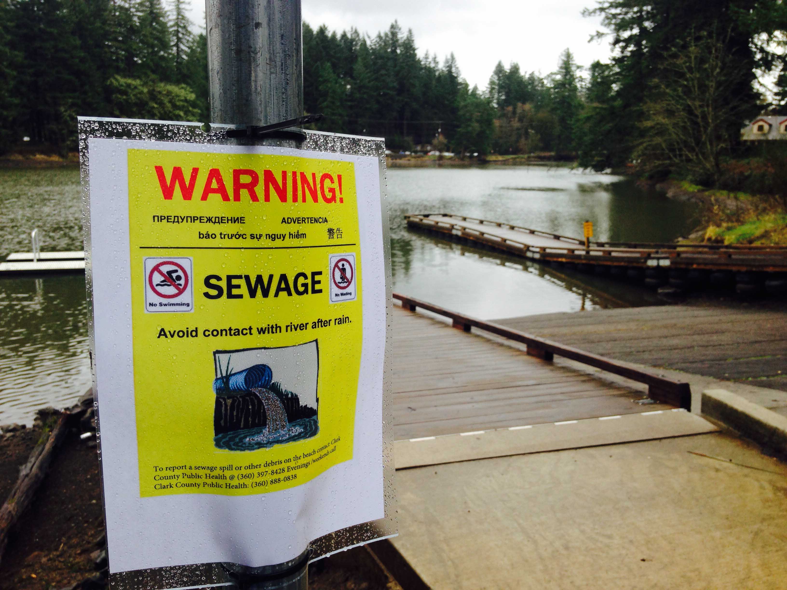 Clark County Public Health officials issued a warning Friday, urging people and pets to avoid contact with Lacamas Lake, Dwyer Creek and Lacamas Creek, following a sewage leak near Pacific Rim Boulevard in Camas that was discovered Thursday. A warning sign was posted at the Heritage Park boat launch area.