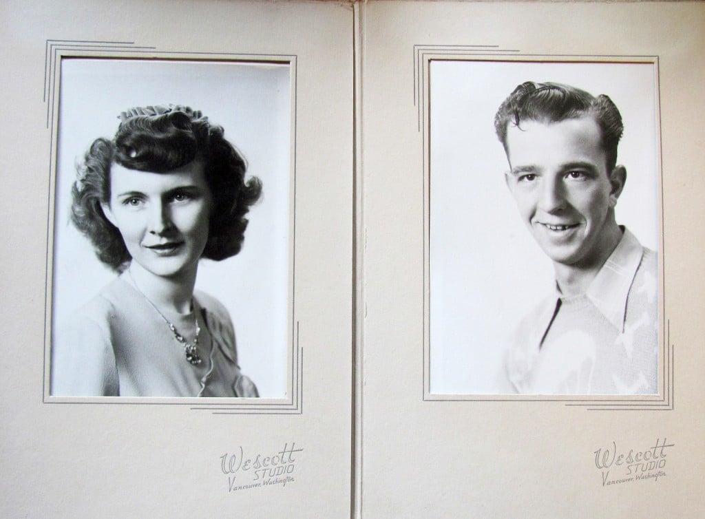 Above is an engagement photo, taken in December 1944. Warren and Celia Lougheed eloped to Idaho soon after they posed for the portrait. Below, this photo of Douglas and Barbara Espinosa was taken shortly after their wedding day on Jan. 12, 1951. They have lived in the Camas area for most of their married life.