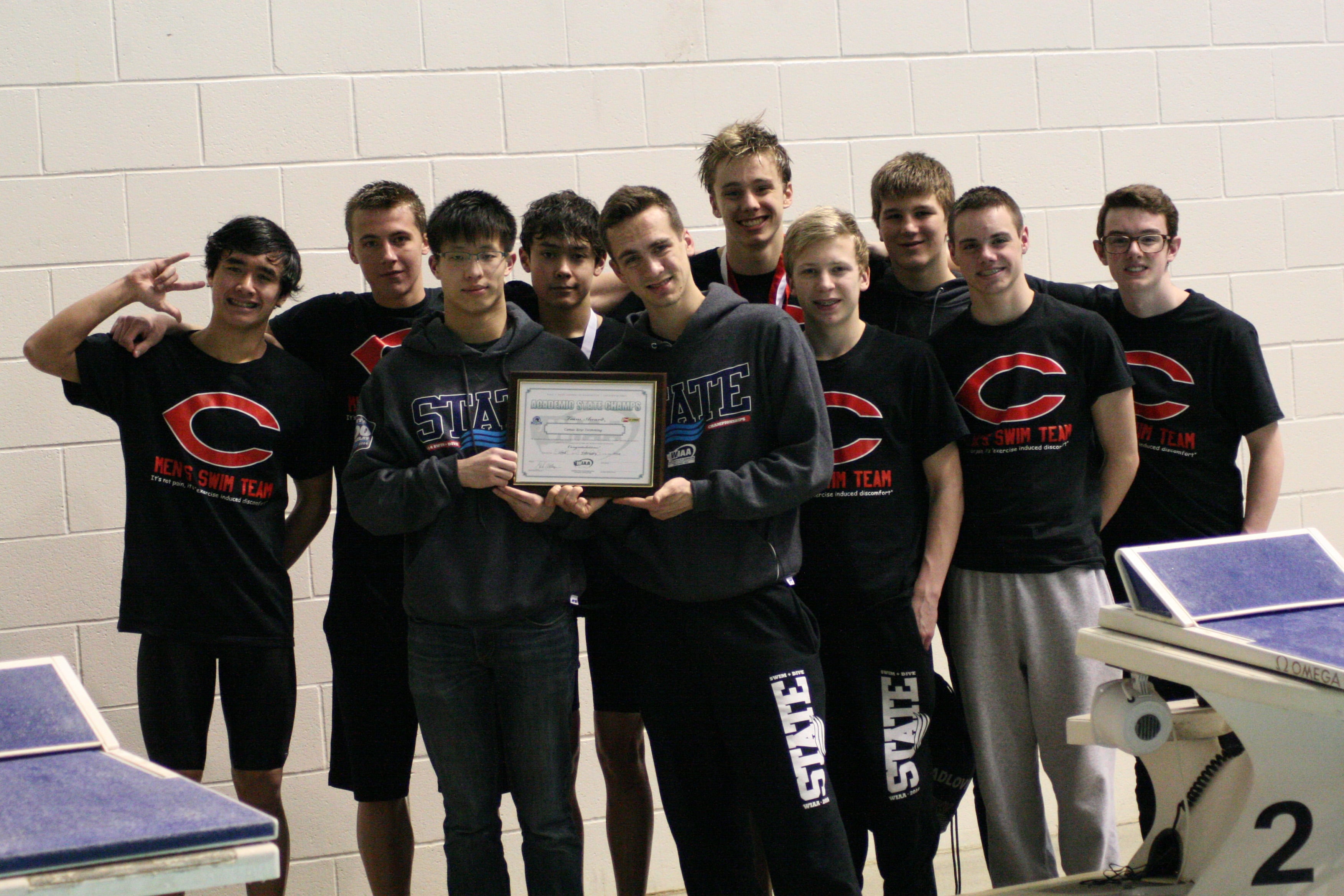 The Camas High School boys swimming team became the 4A academic state champions for the second year in a row. Left to right: John Utas, Lucas Ulmer, Xiaguang Yan, Tom Utas, Joey Wunderlich, Kasey Calwell, Colin Kutha, Jeff Fadlovich, Luke Albert and Nick Burton had a combined GPA of 3.69.