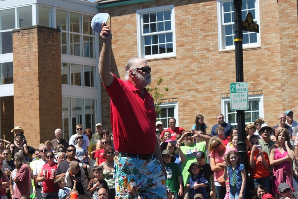 Pat Ray helps gets the bathtub races started on Saturday, in front of the Camas Public Library. According to C-W Chamber of Commerce Executive Director Brent Erickson, Ray moved from Camas to Sacramento, Calif., 17 years ago. He returns to Camas each year to volunteer his help with the festival -- from setup and staging to managing the Wine and Microbrew Street. "He's my right-hand man," Erickson said.