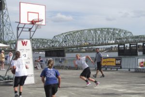 With the Interstate Bridge as the backdrop, the Hoops on the River three-on-three basketball tournament took place in Vancouver this past weekend.  Several local teams competed, including the Camas Heat, which took first place in the sixth-grade division by winning all six of its games.