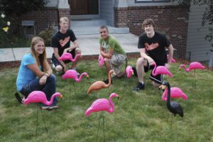 The 2011 Washougal High School Grad Night committee recently began a new "Flamingo Flocking" fundraiser.  Students involved in the effort include seniors (left to right) Chandler Audette, Kyle Anderson, Erik Ackerman and Matt Major.