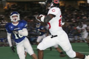 Zack Marshall zips to the end zone for Camas on a 35-yard touchdown run, at McKenzie Stadium in Vancouver.