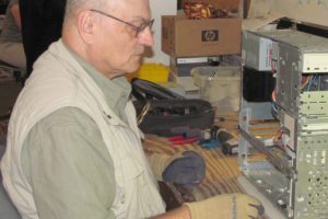 Jerry Kurtti, of Vancouver, has been a volunteer for Empower Up for the past four months. A few days a week he spends several hours at a time breaking down into parts the hard drives that are donated to the facility, which works to recycle and re-use computers and electronics.  Led by Executive Director Oso Martin, Empower Up was founded as a non-profit organization in February 2009.