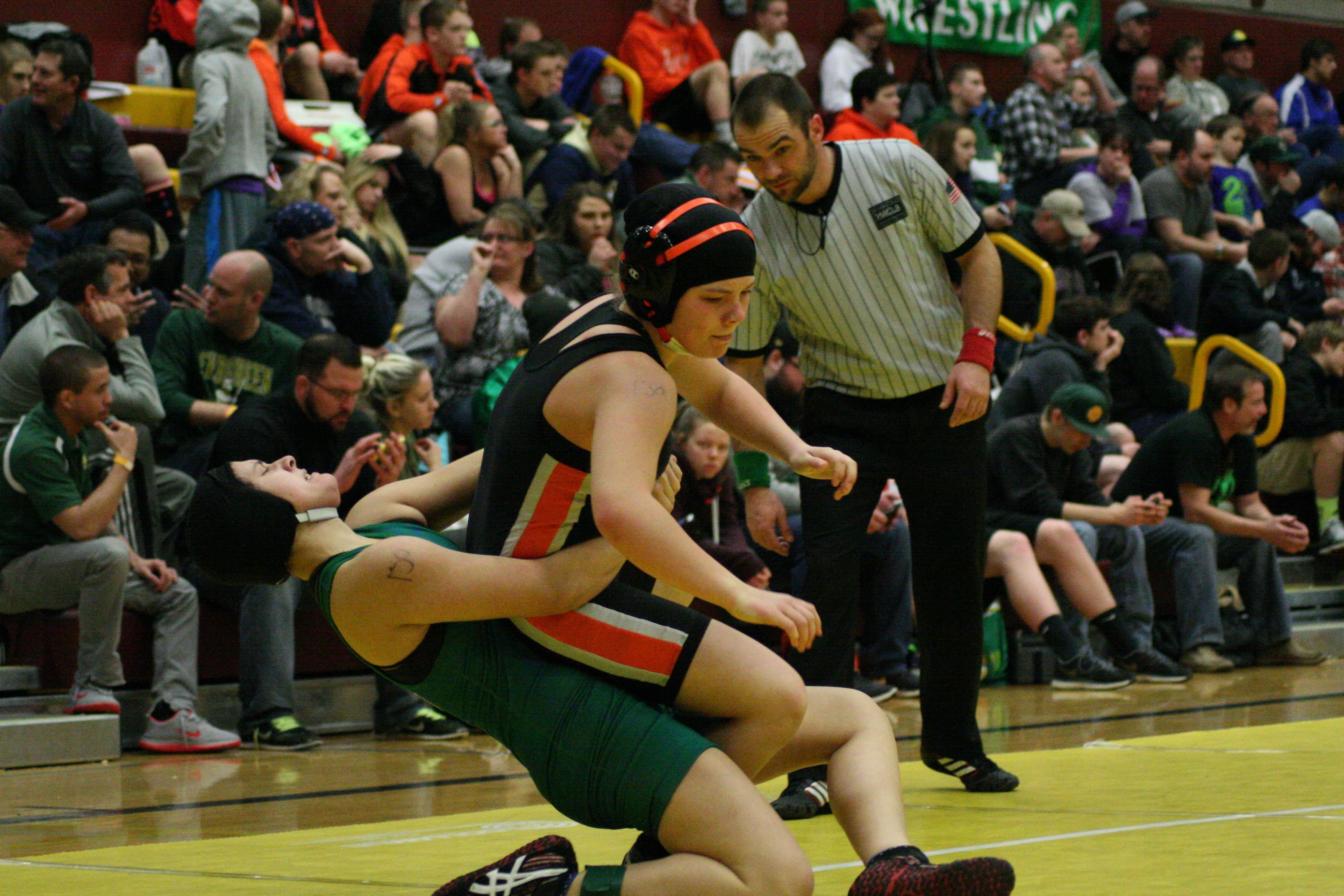 Washougal sophomore Mialisa Oster couldn't get away from her Mountain View opponent in the 130-pound county title match. Oster took second place in defeat.