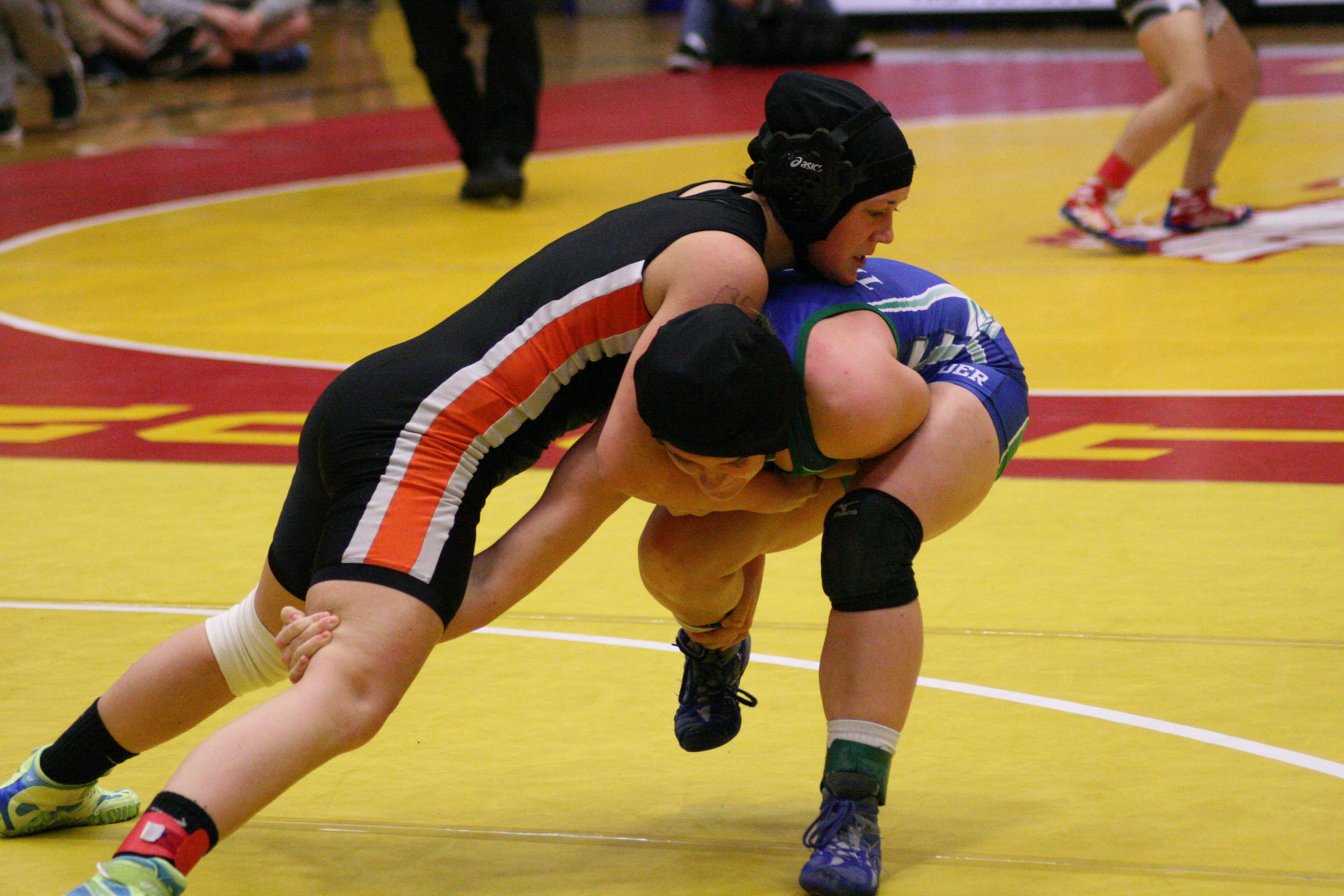 Washougal sophomore Morgan Ratcliff overpowers her opponent from Mountain View in the 135-pound county championship match.