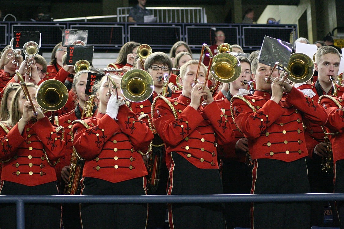 The Camas High School Marching Band performs during halftime.