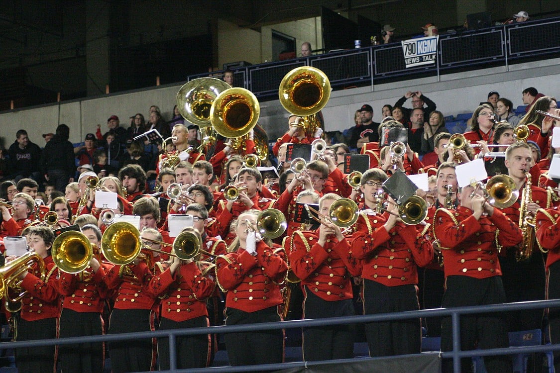 The Camas High School Marching Band performs during halftime.