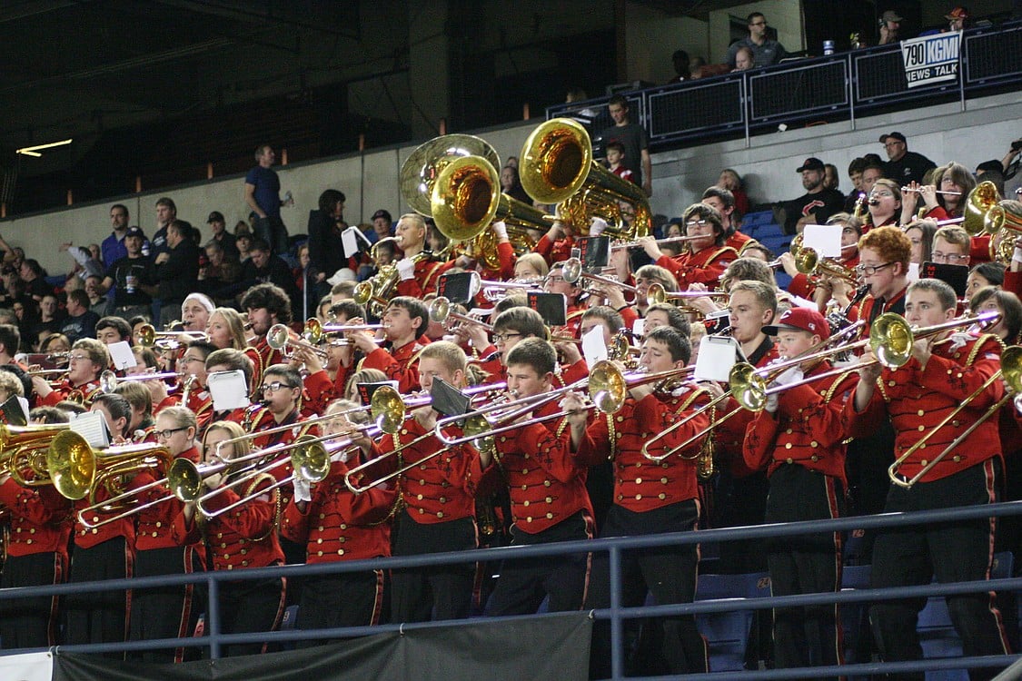 The Camas High School Marching Band performs during halftime.