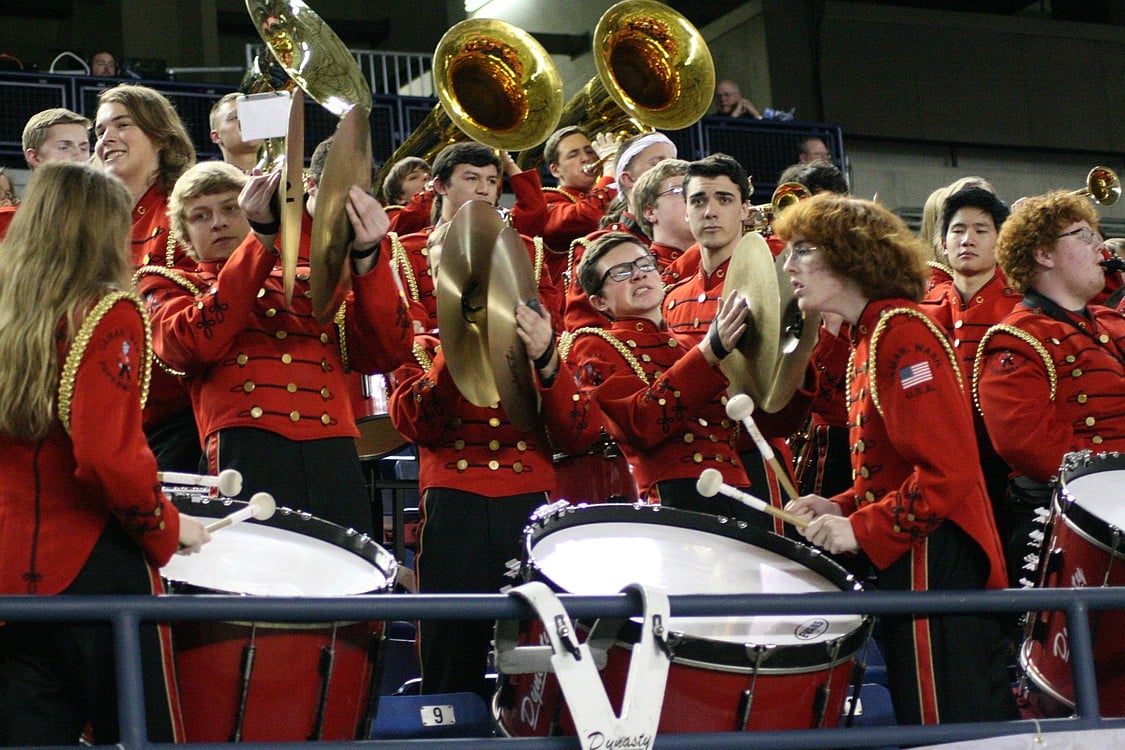 The Camas High School Marching Band performs during halftime.