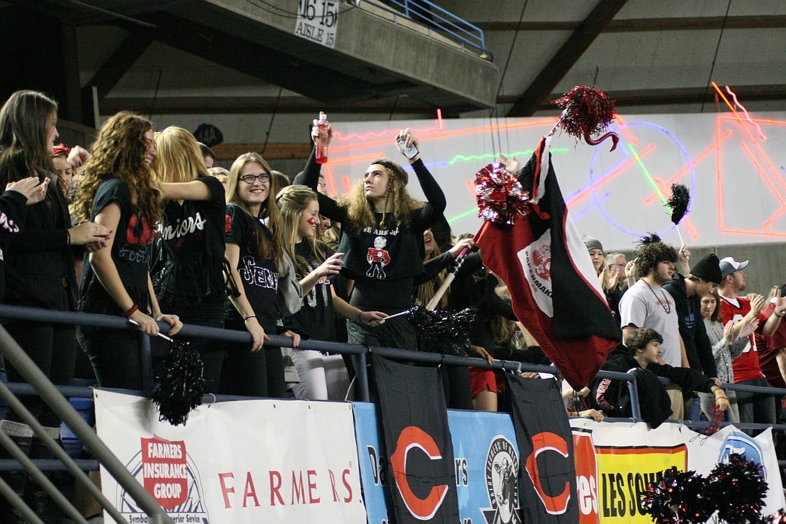 The Camas crowd gets pumped up for the second half of football.