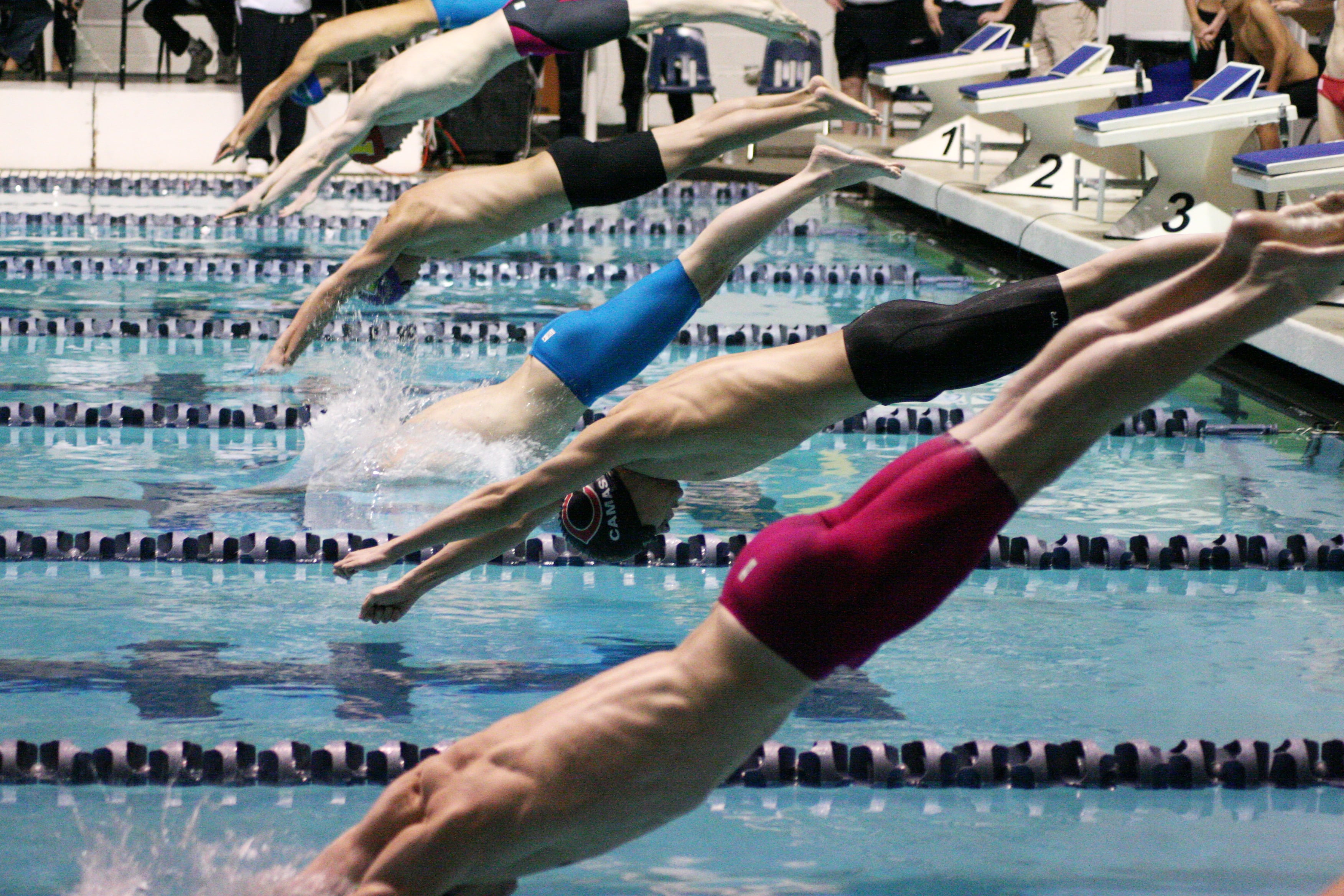 Tom Utas dives in to begin the 400 freestyle relay preliminary event.