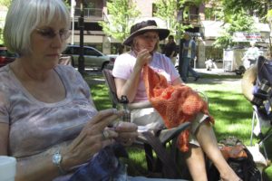 Donna Gruetzke, of Camas (left), and Sue Kuzma, of Hazel Dell (right), were among the participants in the "Worldwide Knit in Public Day" Saturday, at Esther Short Park, in downtown Vancouver. The Fort Vancouver Knitters Guild sponsored the Clark County event.