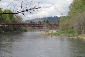 The Washougal River Greenway Trail is a 1.1 mile paved walkway that includes a 370-foot steel trussed bridge, seen in this photo.  It is the newest addition to the city of Camas trail system.