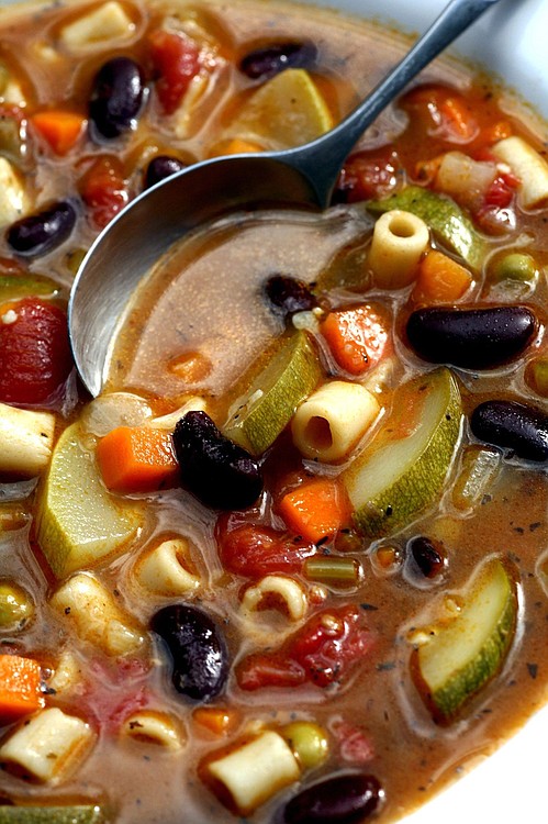 Part of a week&apos;s meals can consist of minestrone soup, as served at Marge Perry&apos;s house in Teaneck, New York. (Bruce Gilbert/Newsday/MCT)