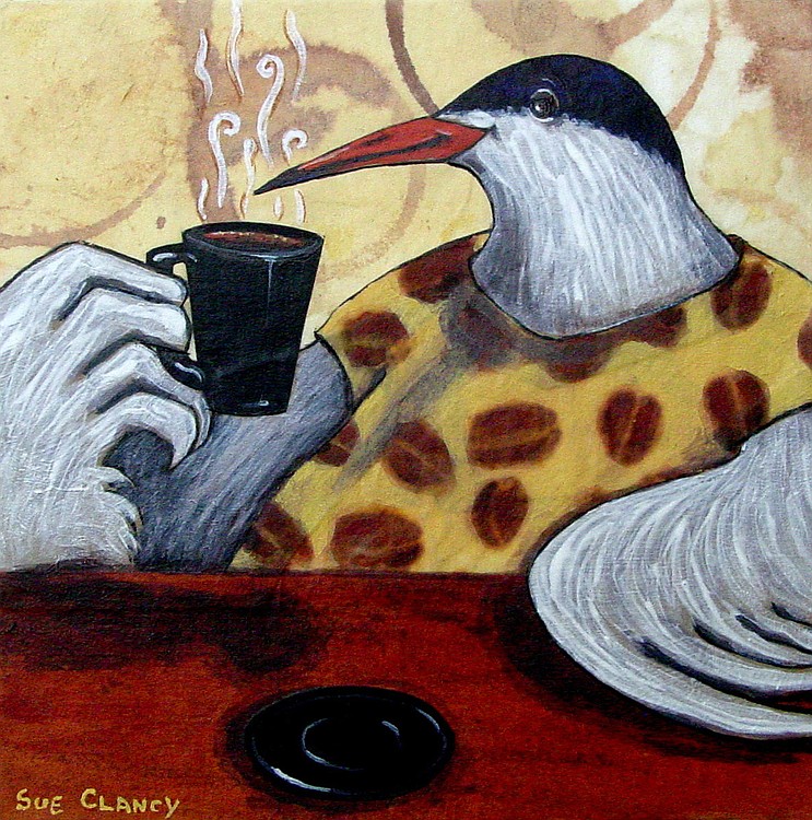 "Coffee Tern," shows artist Sue Clancy's love of Northwest coffees and includes hand-dyed paper, hand patterned paper, found paper and acrylic.
