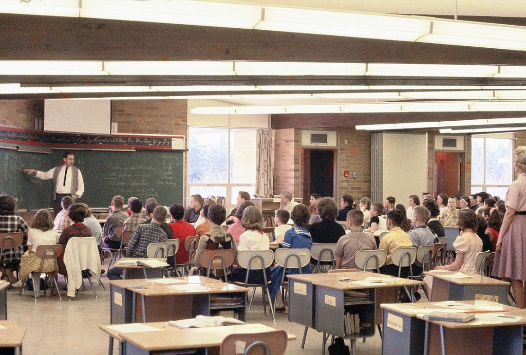 Photo courtesy of Lacamas Heights Elementary
Team teaching was a new concept 50 years ago, but Lacamas Heights was designed especially for it with moveable walls between classrooms. Here, sixth-grade teachers Duane Freeman (front) and Lynn Carroll (back, right) team teach in 1963.