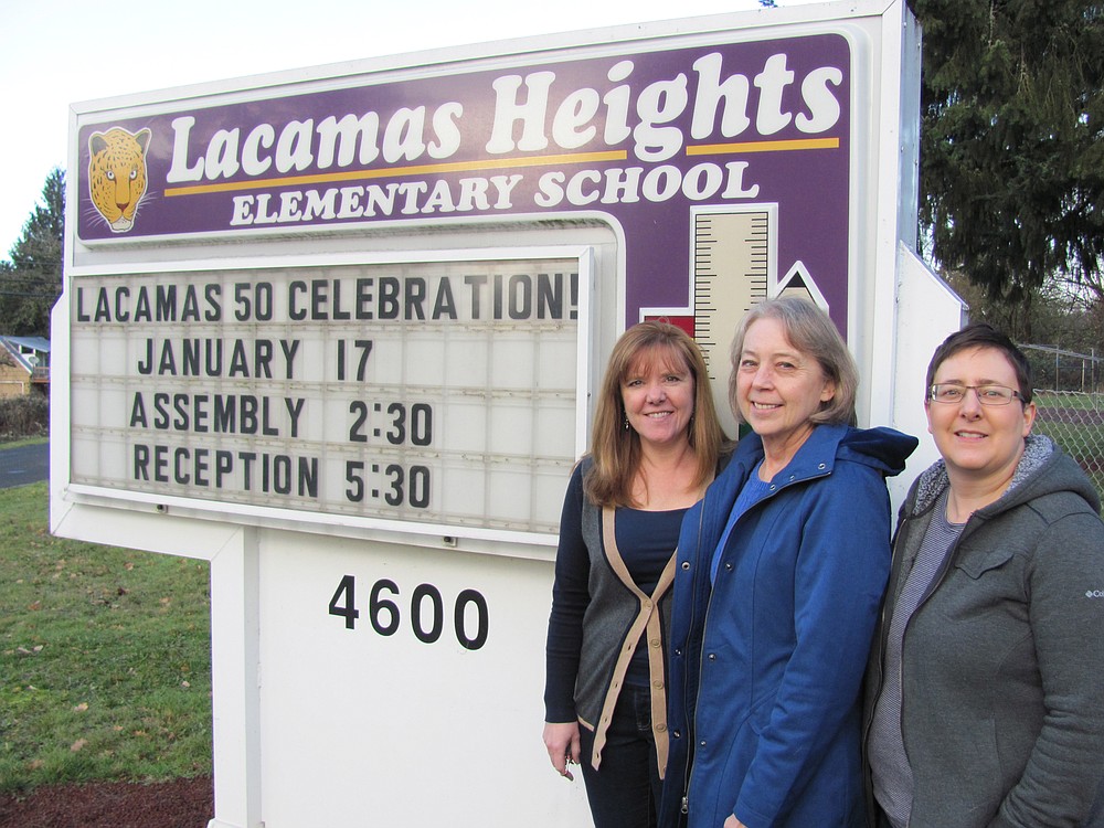 From left, Lacamas Heights Principal Julie Mueller, alumna Sharon Carmichael and parent volunteer Karen Wood, with the help of a committee, are organizing a celebration to mark the school's 50th anniversary.