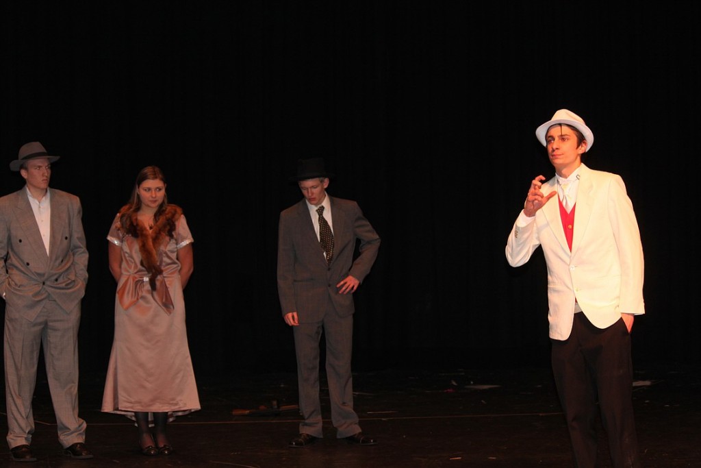 Left to right: Seyton (Alan Stogin), Lennox (Danielle Devall) and Malcolm (Carson Connors) listen to Banquo (Anthony Larson) during a rehearsal of "Macbeth" at WHS.