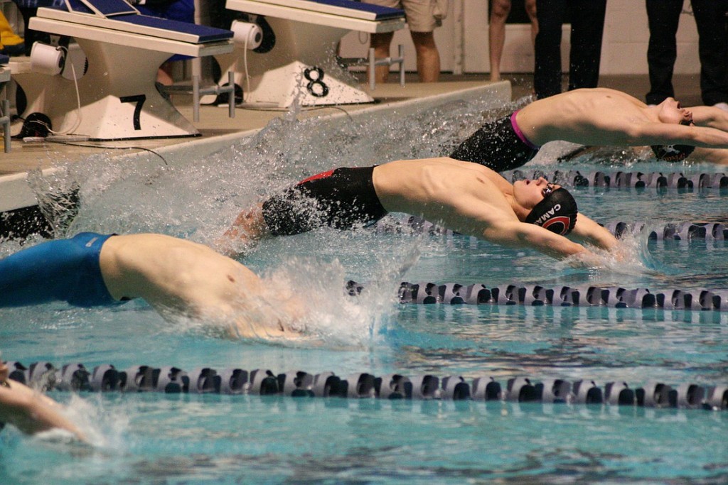 Lucas Ulmer takes off at the beginning of the 100 backstroke. He won the 100 butterfly state title, helped Camas finished fourth in the 200 medley and 200 freestyle relays, and earned sixth in the backstroke.