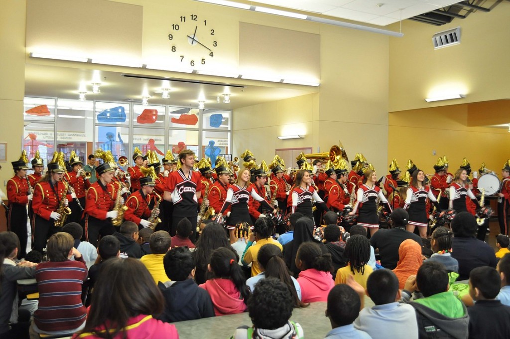 The Papermaker spirit was out in force recently, when cheerleaders, band members and leadership students paid a surprise visit to Rosa Parks Elementary School in Portland to donate $1,000 to its orchestra program.