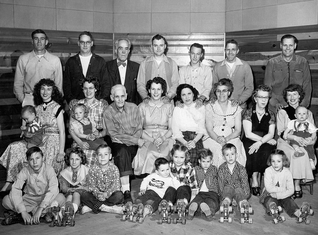 Roller skating was a family affair for the Carroll and Mason families. Pictured above (at far left from top) Willard and Dalphyne Carroll holding their daughter Sheri and (far right, from top) Pat and Alta Mason holding their son John.