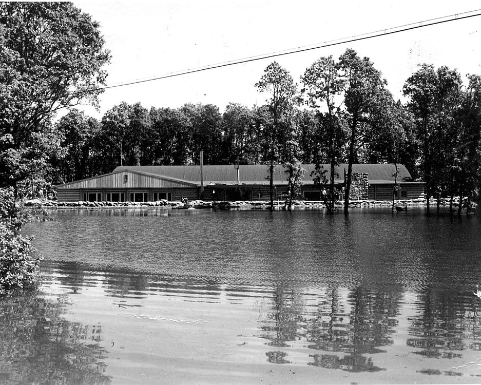 Just as Pat Mason was getting ready to open Wagon Wheel Park, the Memorial Day flood of 1948 hit. He led the construction of a 10-foot tall dike to protect his new building from flood waters.