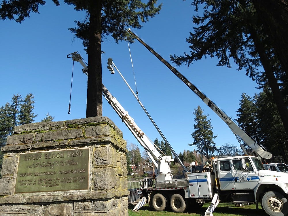 Volunteers from Clark Public Utilities and Camas-Washougal Babe Ruth installed six new Musco light poles Saturday, at Louis Bloch Park, in Camas. Crown Zellerbach dedicated the baseball field to its first chairman Sept. 3, 1940. New lights, scoreboard and bleachers should help the park become a community destination for the next 75 years, and beyond.