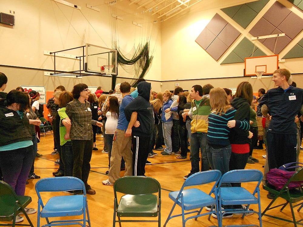 Participants in Challenge Day take part in an icebreaker activity. The event included more than 100 students from Excelsior and Washougal high schools, as well as teachers, administrators and community members.
