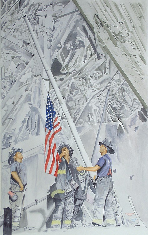 Corwin used an image of firefighters raising the American flag at the Twin Towers on 9-11 to create a painting using watercolors. She gave it to a firefighter who had recently returned from the area, and made several others for local fire stations.