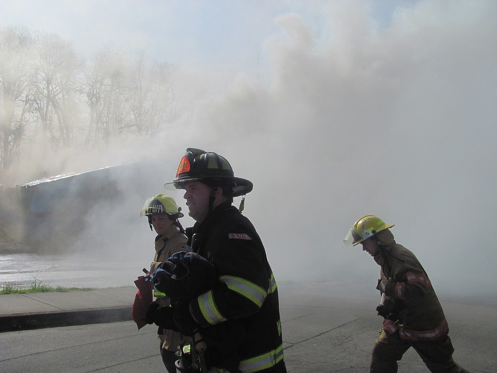 Fire department training burn at the former Riverside Bowl in Camas on March 24.