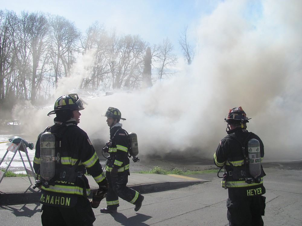 Fire department training burn at the former Riverside Bowl in Camas on March 24.