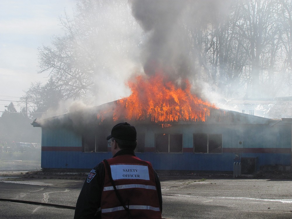 Fire department training burn at the former Riverside Bowl in Camas on March 24.