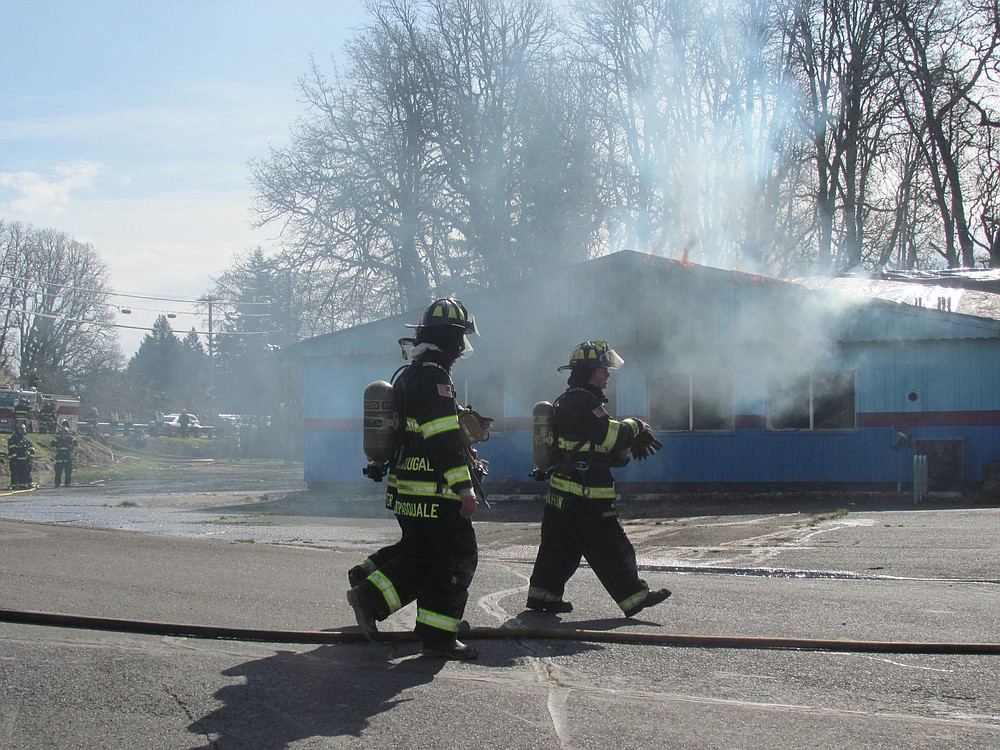 Fire department training burn at the former Riverside Bowl in Camas on March 24.