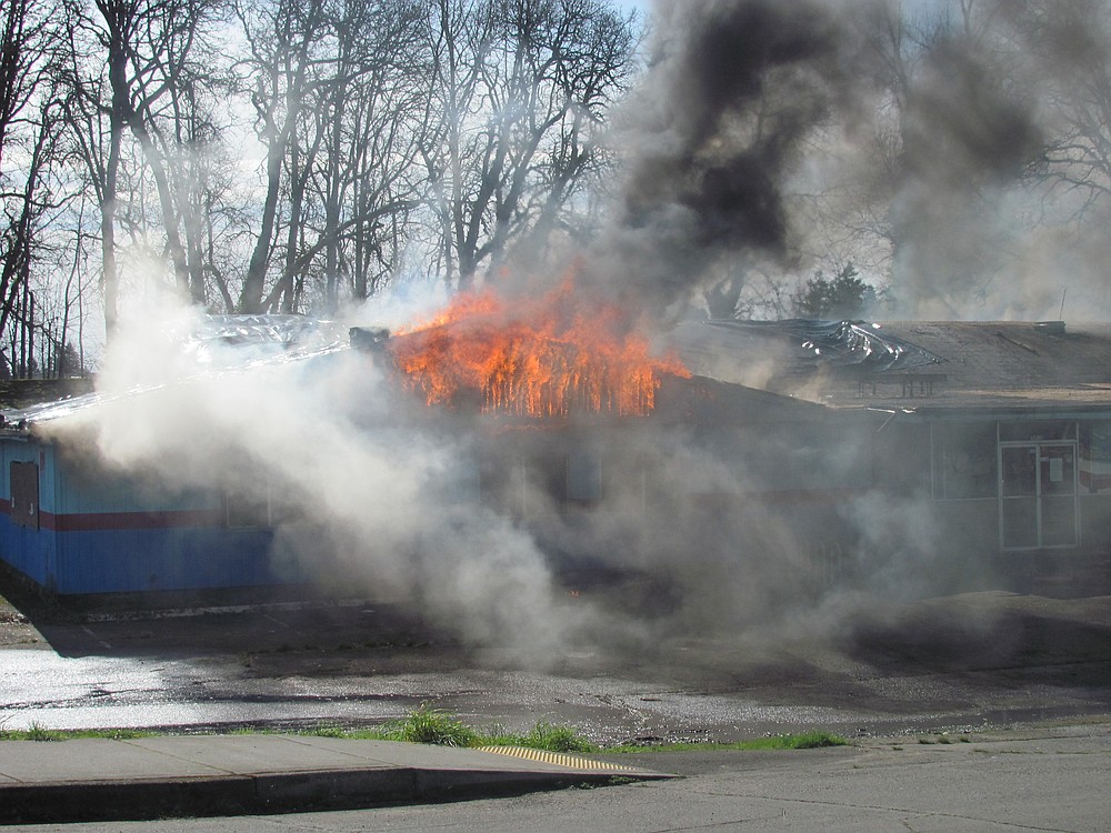 Fire department training burn at the former Riverside Bowl in Camas on March 24.