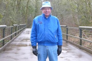 Don Larson has logged some 16,000 miles since he began walking Heritage Trail 14 years ago.  He wears a signature blue hat and waves to everyone.