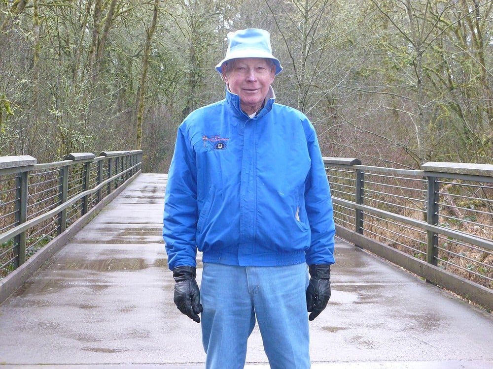 Don Larson has logged some 16,000 miles since he began walking Heritage Trail 14 years ago.  He wears a signature blue hat and waves to everyone.