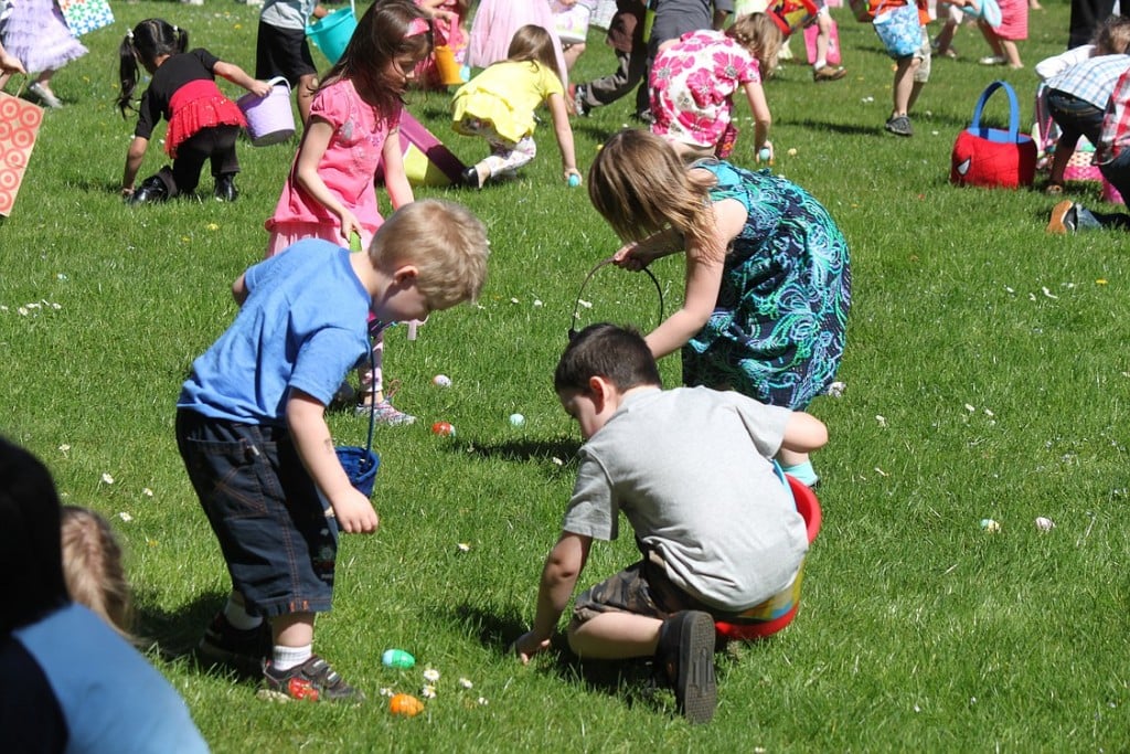 Children search for treasures among the brightly colored eggs during the annual Camas Parks and Recreation Easter Day Hunt.