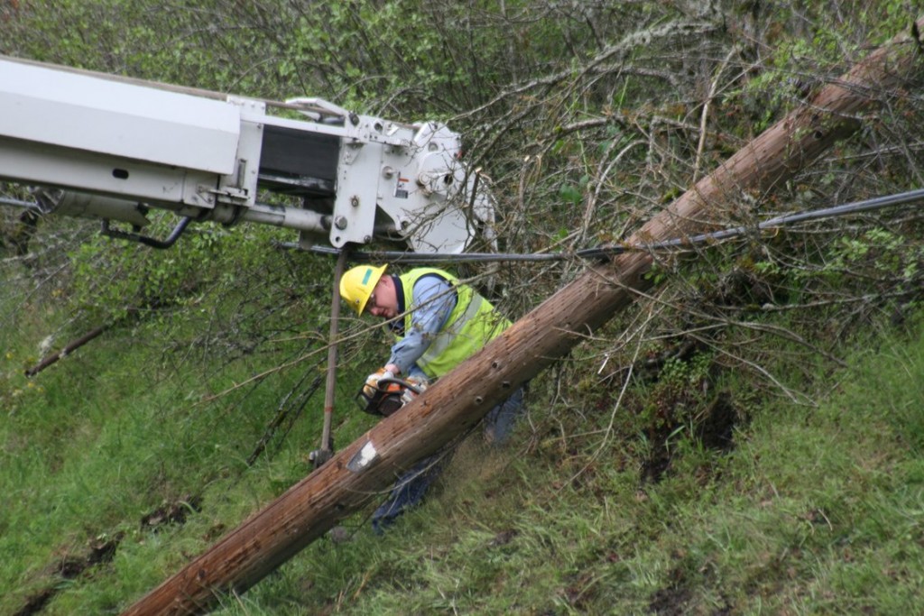 A crew member cuts down a damaged telephone pole at Milepost 21 on westbound State Route 14. A semi truck smacked into the pole and split it in two Tuesday, at 8:39 a.m.