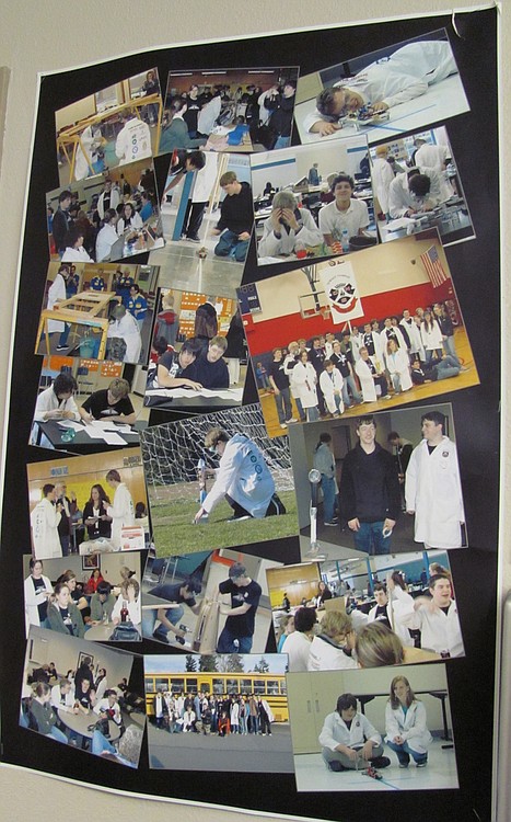 CHS teacher Ron Wright keeps a photo collage of Science Olympiad competitions in his classroom. The  team, which he coaches, recently won  first place at state, sweeping 18 of 23 events.