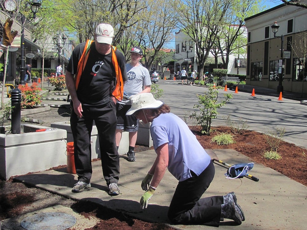 Greg and Anne Goforth spread barkdust in one of the planters along Fourth Avenue in Camas on Sunday. The two helped organize the Downtown Camas Association cleanup.